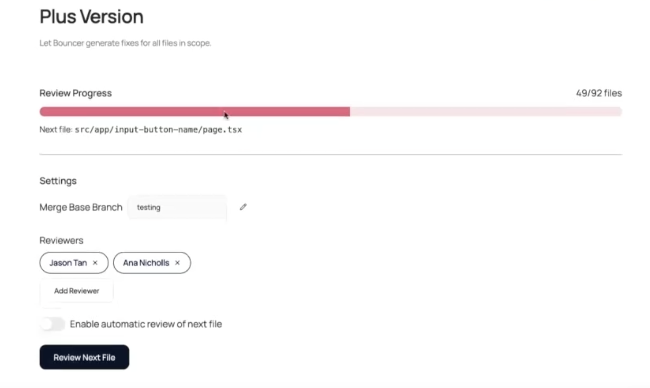 TestParty Bouncer Plus dashboard showing review progress at 49 of 92 files, with the next file queued as src/app/input-button-name/page.tsx. Settings panel displays merge base branch set to 'testing', two assigned reviewers (Jason Tan and Ana Nicholls), a toggle for automatic review, and a Review Next File button.