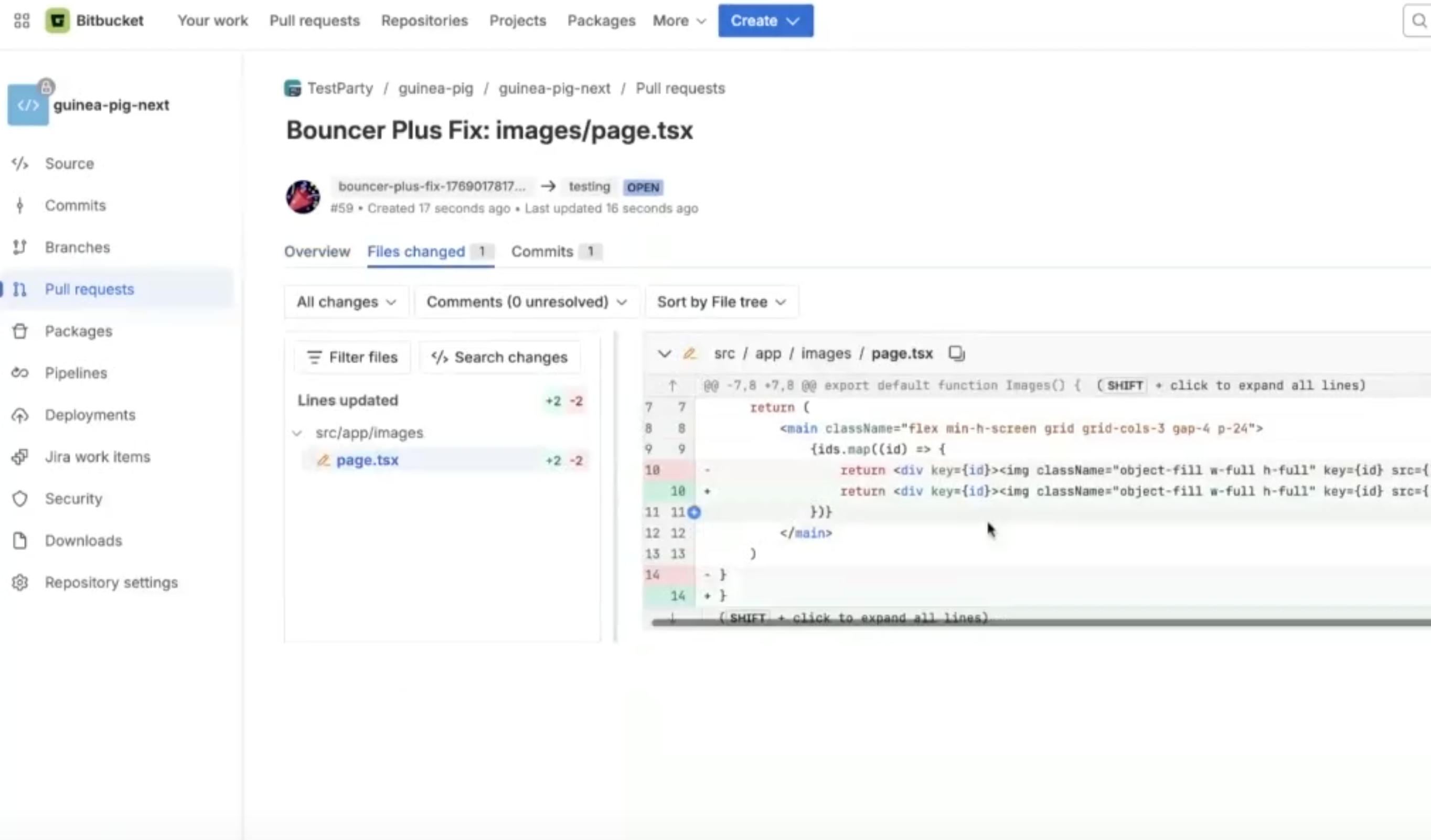 Bitbucket pull requests list showing multiple open Bouncer Plus PRs with titles like 'Bouncer Plus Fix: images/page.tsx' and 'Bouncer Plus Fix: global-stress-test/page.tsx', all targeting the testing branch with two reviewers assigned to each.