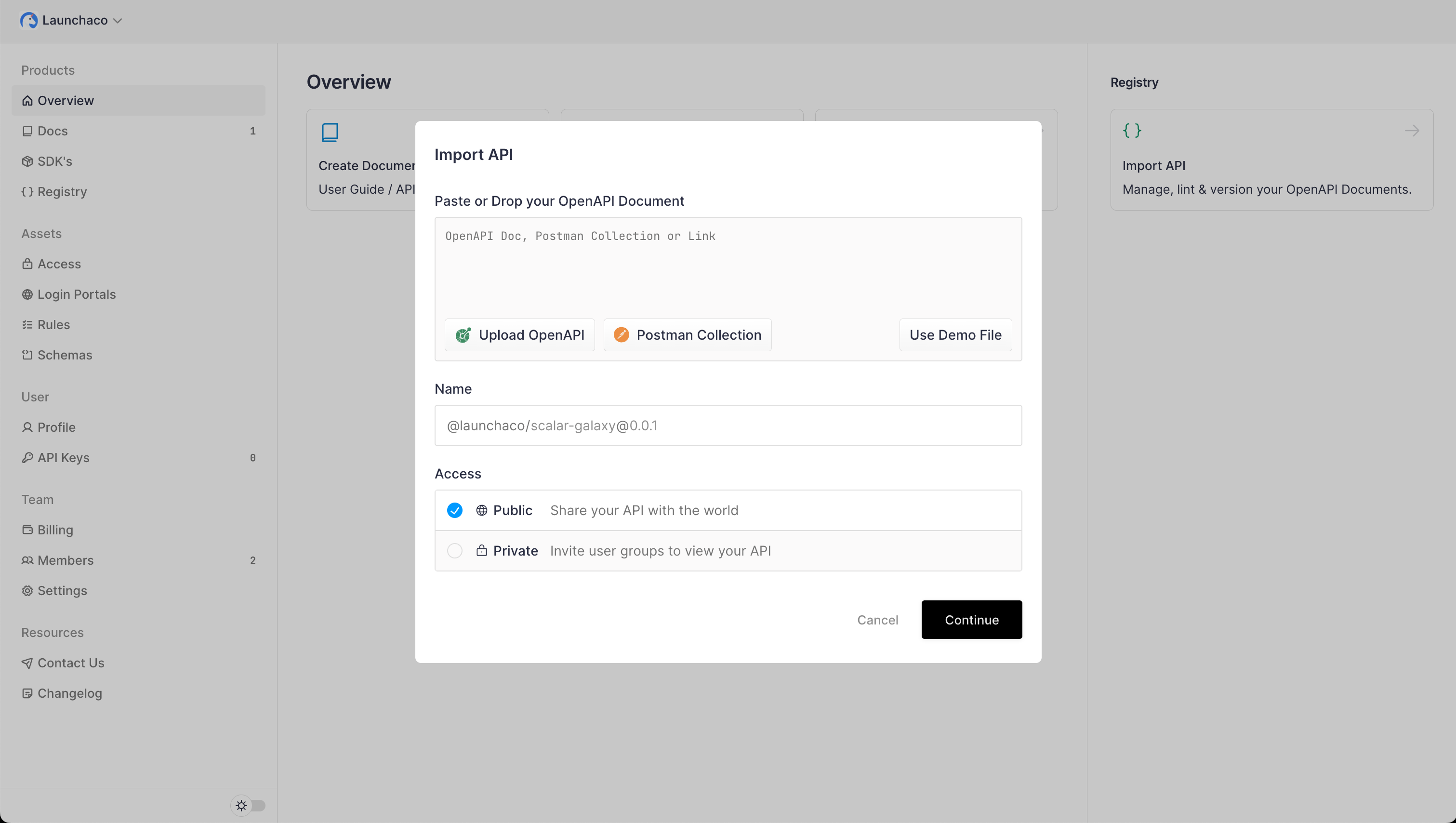 Scalar Import OpenAPI Document Modal