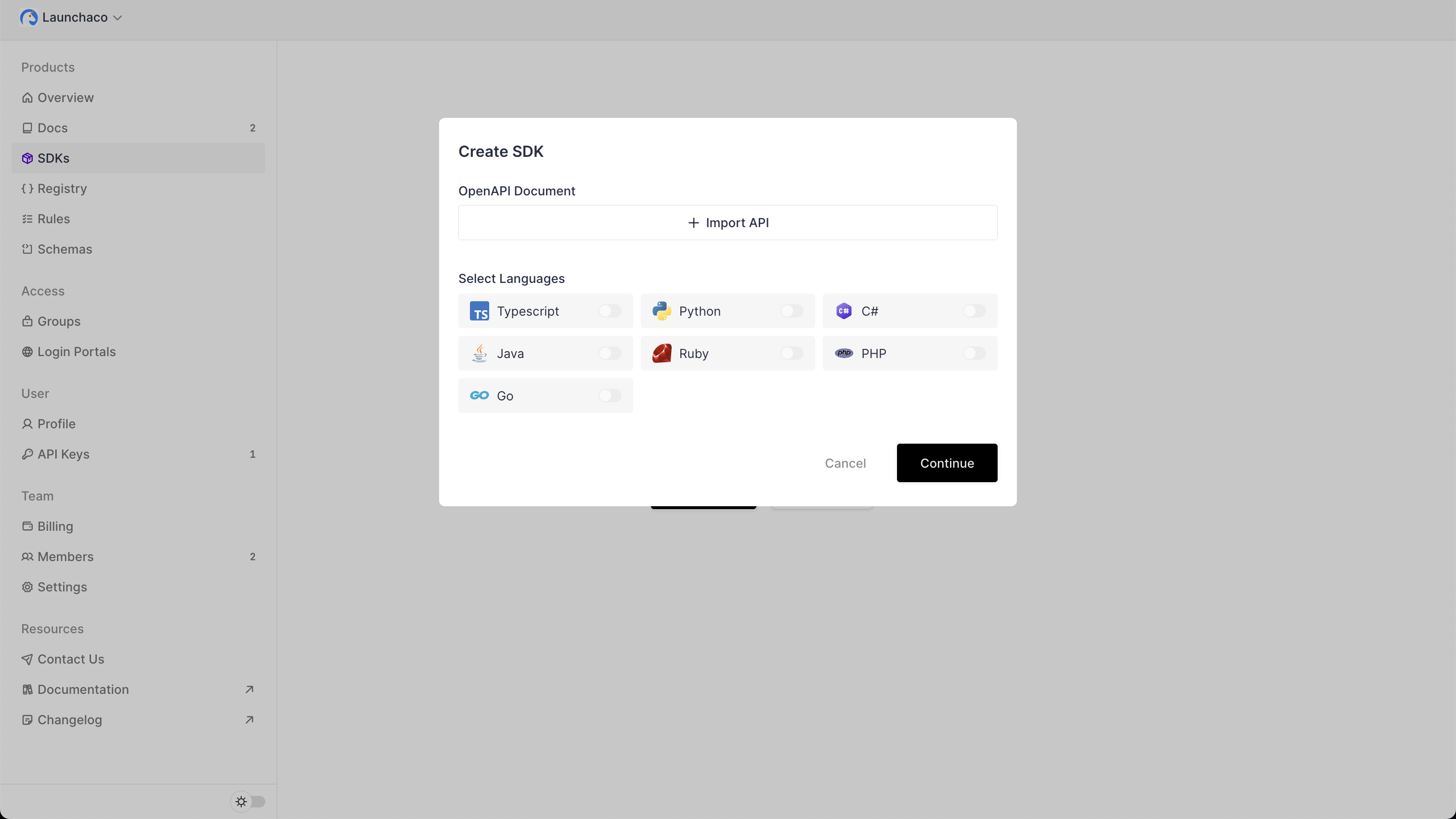 Create new SDK Page