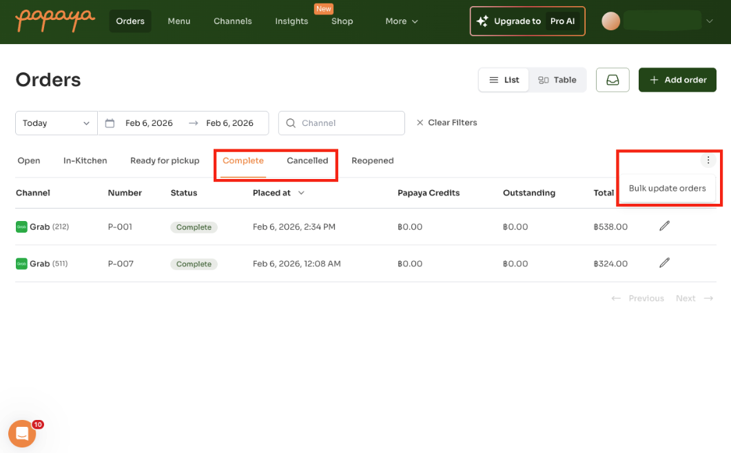 Papaya dashboard Orders page filtered to Complete and Cancelled tabs, with the three-dot menu open in the top-right showing the 