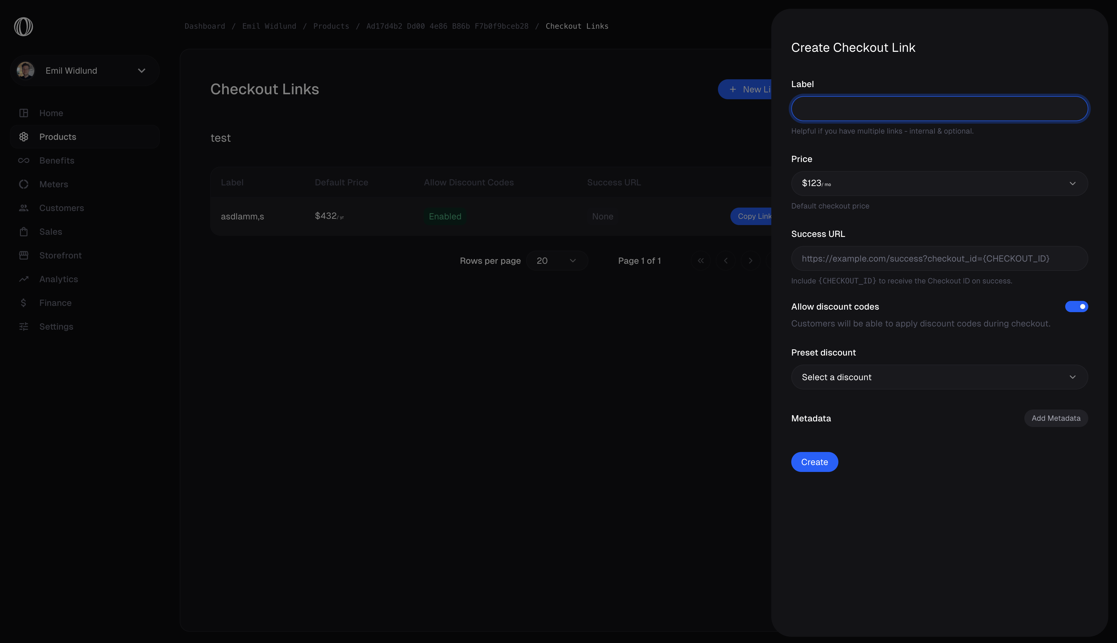 Create Checkout Link | Documentation