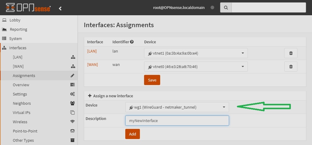 OPNsense assign WireGuard tunnel interface