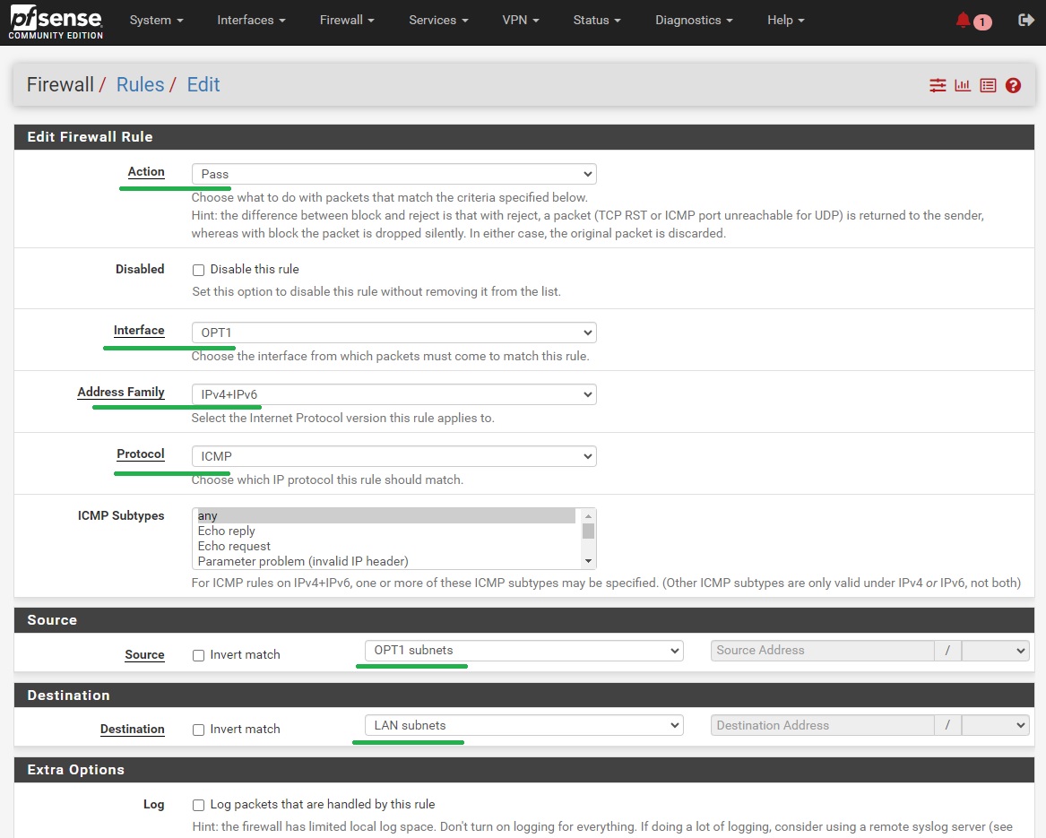 pfSense add firewall rule - form