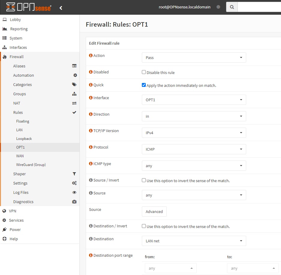OPNsense add firewall rule - form
